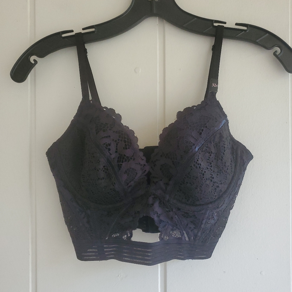 Victorias Secret Black Floral Lace Longline Underwire Bra Cutout Bustier 32C